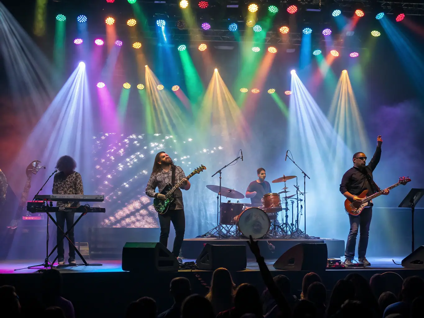 A vibrant image depicting a live music performance supported by IMPASSYSTEM, showcasing musicians on stage with dynamic lighting and an engaged audience.