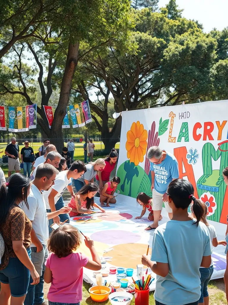 A photograph of a community engagement program in action, showing children and adults participating in an art workshop in a public space, highlighting IMPASSYSTEM's dedication to making art accessible.