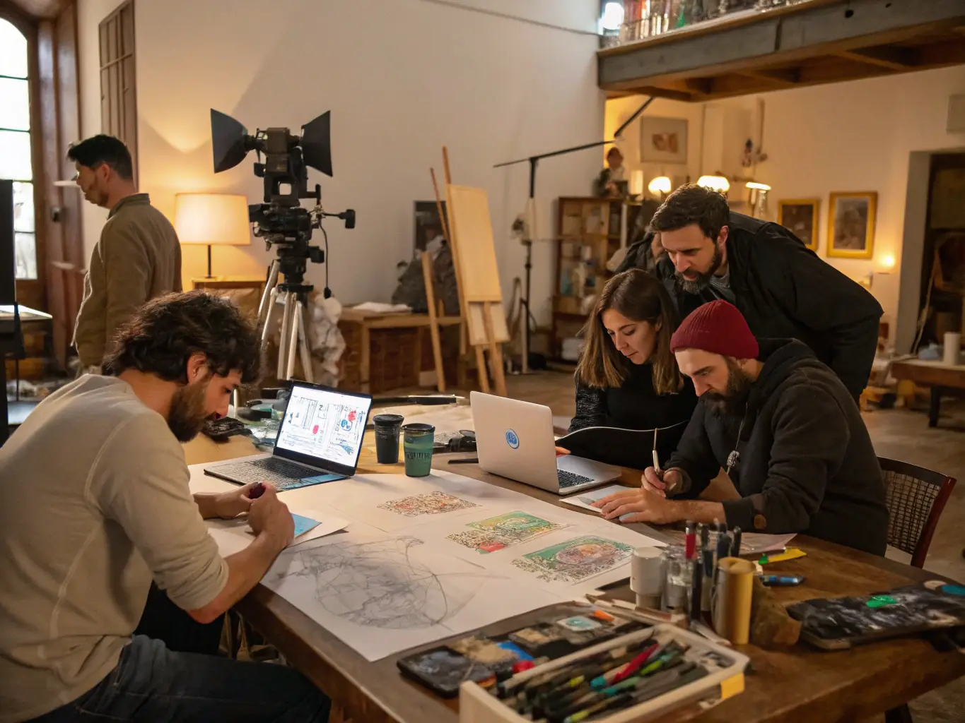 A photograph of artists participating in an IMPASSYSTEM-sponsored workshop, showcasing collaboration and creative development.