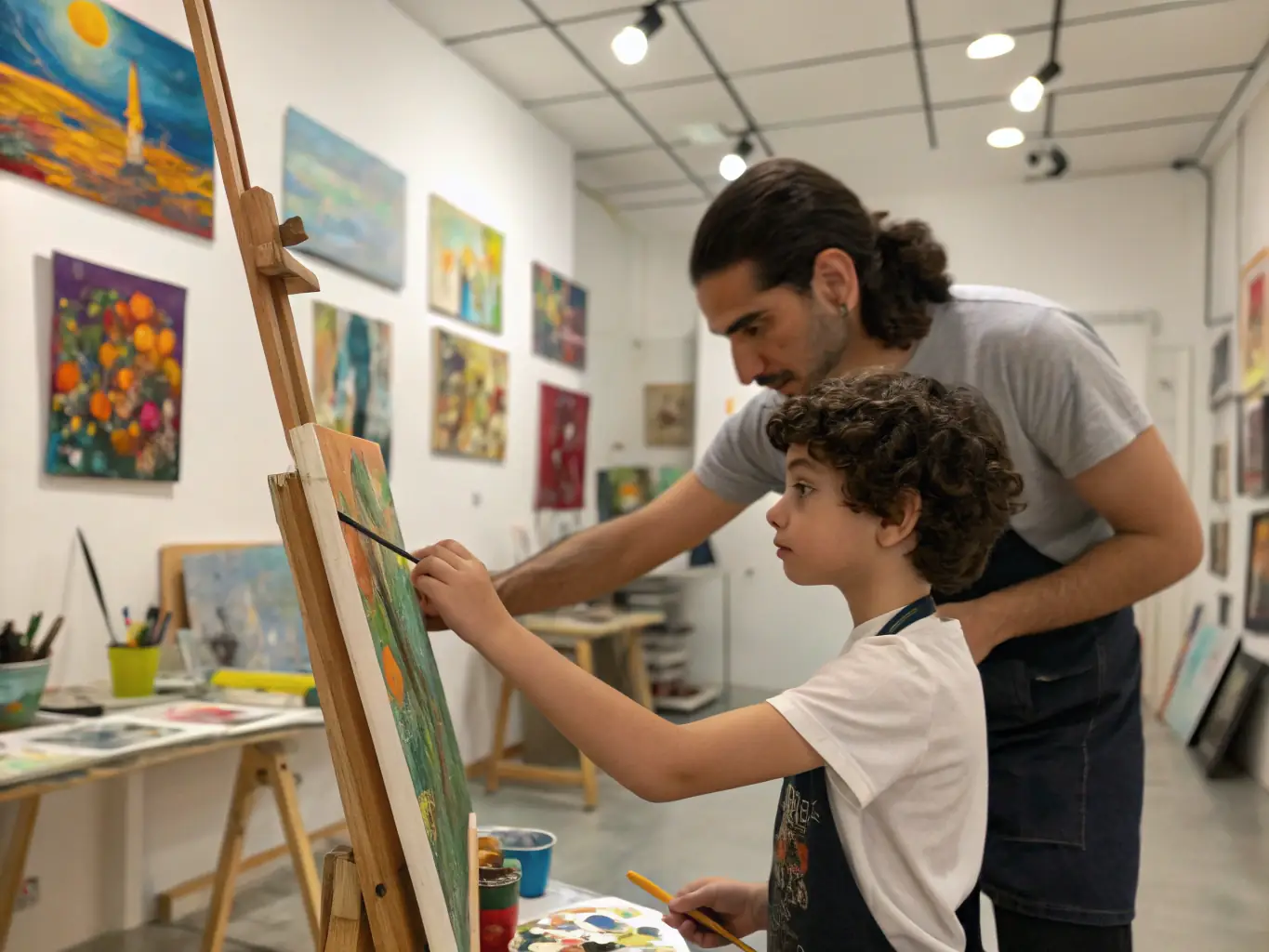An artist in a studio setting, working on a new piece with supportive mentors nearby, illustrating IMPASSYSTEM's artist support and development programs.