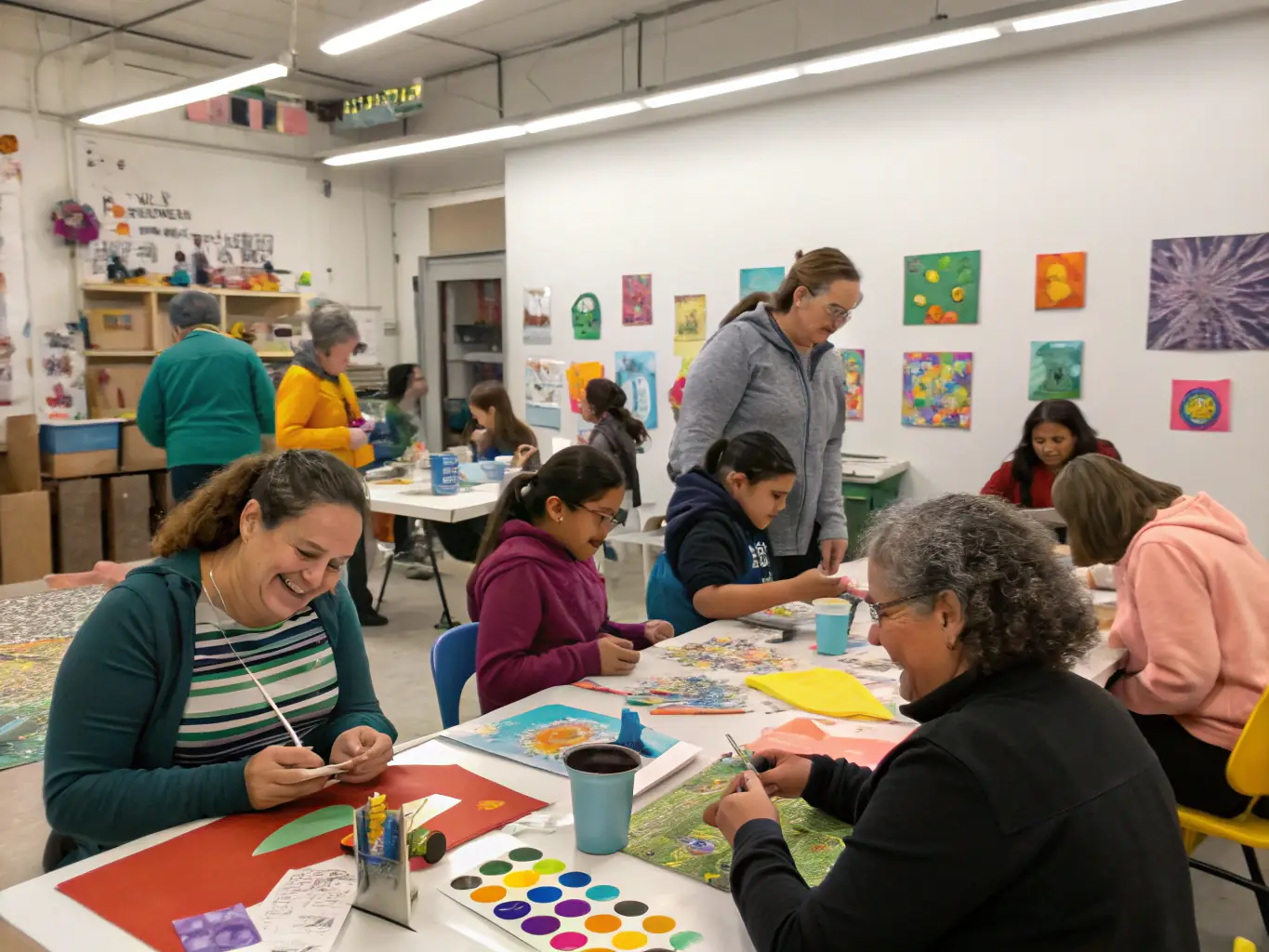 A community workshop with diverse participants engaging in artistic activities, representing IMPASSYSTEM's community engagement programs.